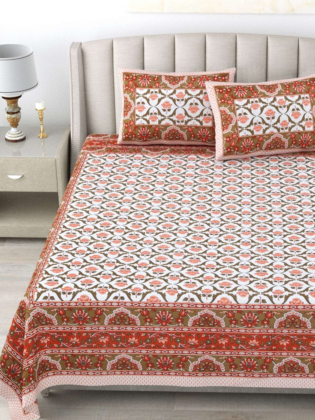 100% Pure Cotton Traditional Printed Bedsheet for Double Bed King Size Bedsheet with 2 Pillow Covers