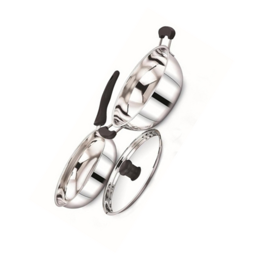 Sowbaghya Elite 3Pcs Stainless Steel Set Induction Base Cookware Set SS Deep kadai and Fry Pan with Lid