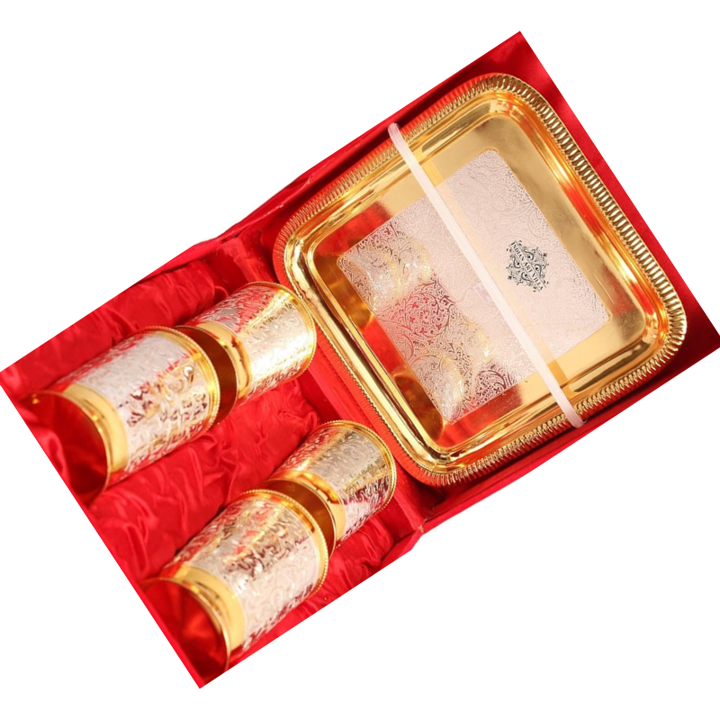 Indian Art Villa Set of 4 Designed Silver Plated Gold Polished Glasses Goblets - 1840 gms