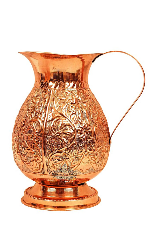 Indian Art Villa 9.0" X 5.0" Pure Copper Leaf Design Jug Pitcher