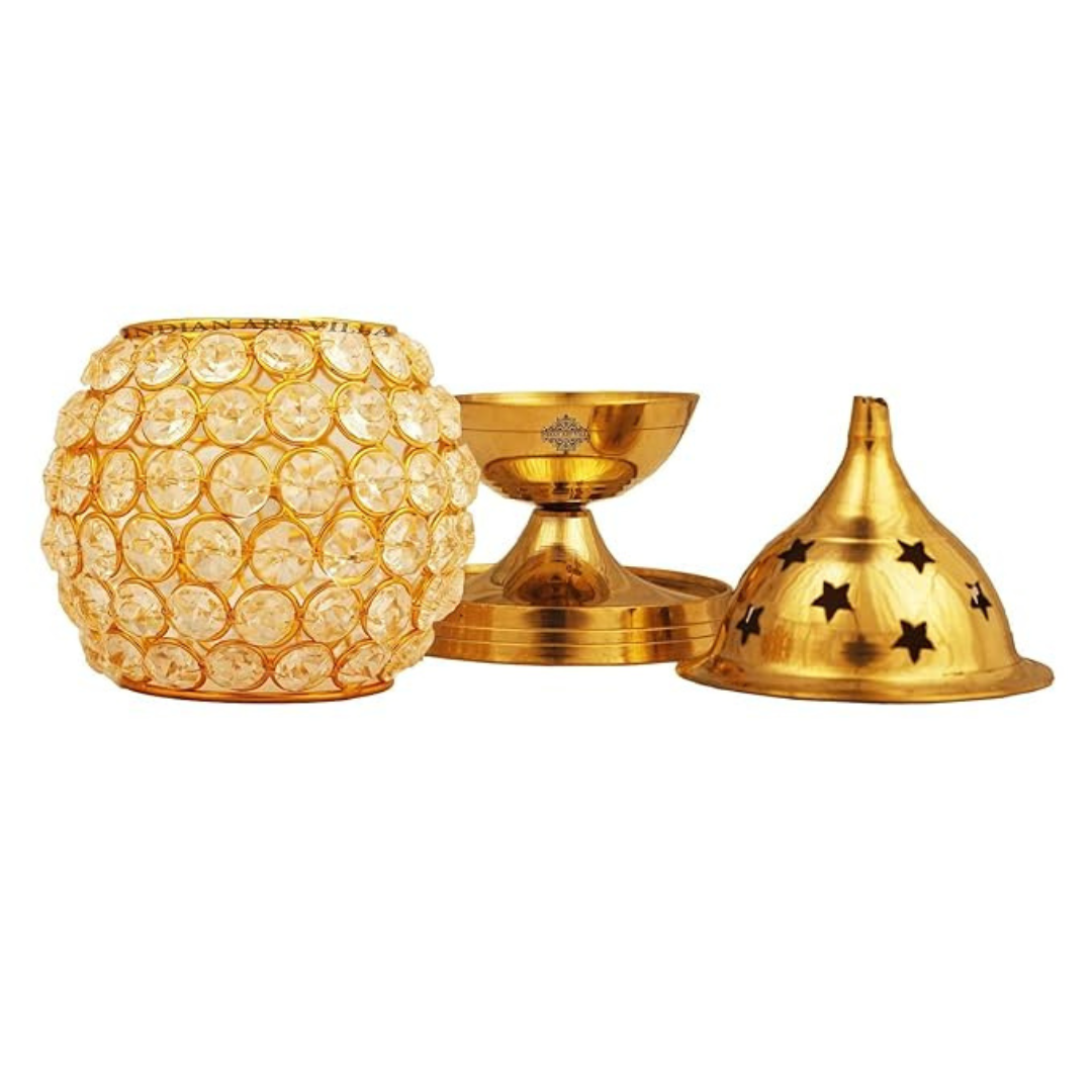 IndianArtVilla Brass Akhand Jyot Crystal Diya, Oval Shape, Oil Puja Lamp - 360 gms