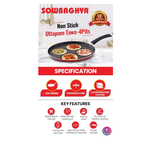 Sowbaghya Non Stick Uttappam Tawa(4Pits) Red 4 Cavities Thickness 3.2 mm Dia 305 mm