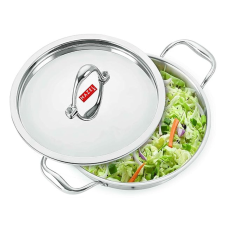 Hazel Triply Kadai with Lid for Cooking 1.2 litres Triply Kadai Steel Induction Bottom