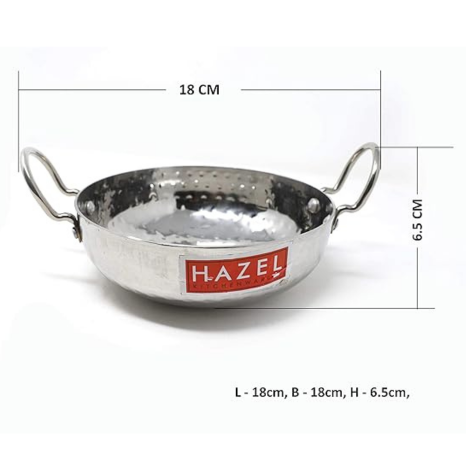 Hazel Stainless Steel Kadai with Handle I Steel Kadhai 3450 ml with Silver Finish I Curved Bottom
