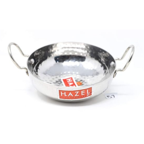 Hazel Stainless Steel Kadai with Handle I Steel Kadhai 3450 ml with Silver Finish I Curved Bottom