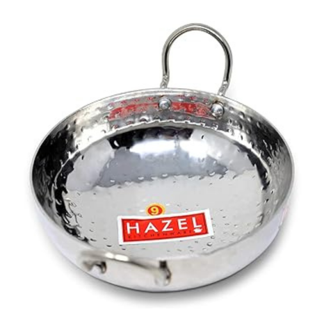 Hazel Stainless Steel Kadai with Handle I Steel Kadhai 3450 ml with Silver Finish I Curved Bottom