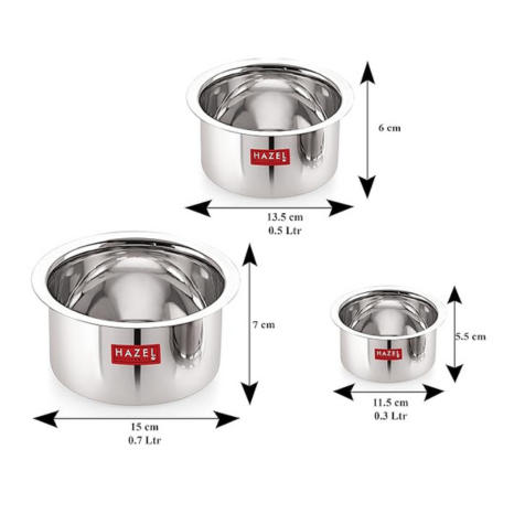 Hazel Stainless Steel Flat Tope Set of 3 Pc (300 ml, 500 ml & 700 ml)