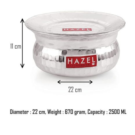 Hazel Aluminium Hammered Finish Handi with Lid Biryani Rice Cooking Pot Gol Vessel 22 cm 2500 Ml