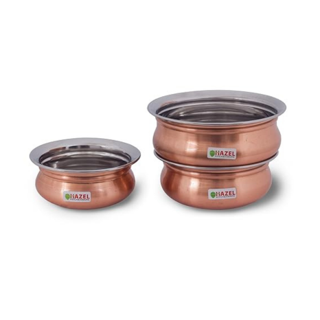 Hazel Stainless Steel Copper Mini Handis Set of 3 (400 ml, 550 ml, 770 ml) Silver & Copper