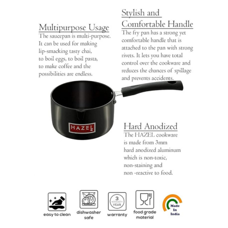 Hazel Hard 3 mm Aluminium Anodized Tea Milk Sauce Pan (12.2 cm, 900 ml, Black)