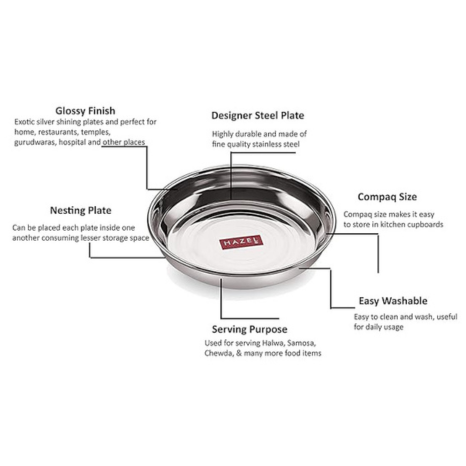 Hazel Steel Plate 12 cm Medium Multipurpose Stainless Steel Plates Set for Kitchen Serving Plate
