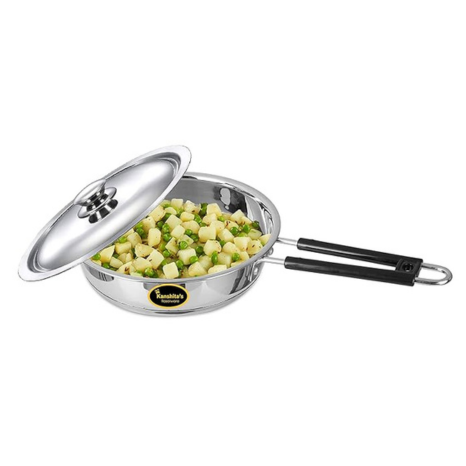 Kanshitas Rasoiware Heavy Geauge Stainless Steel Induction Bottom Fry Pan Tadka Pan with Steel Lid 1.3 Liter