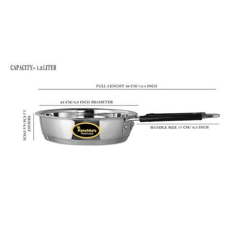 Kanshitas Rasoiware Heavy Geauge Stainless Steel Induction Bottom Fry Pan Tadka Pan with Steel Lid 1.3 Liter
