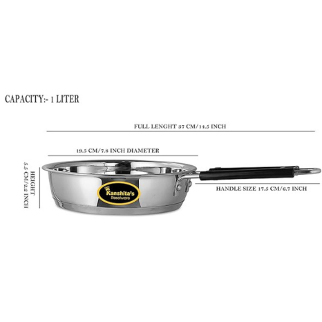 Kanshitas Rasoiware Heavy Geauge Stainless Steel Induction Bottom Fry Pan Tadka Pan 1 Liter