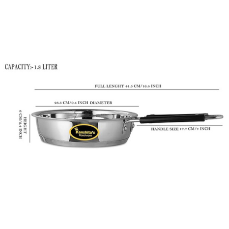 Kanshitas Rasoiware Heavy Geauge Stainless Steel Induction Bottom Fry Pan Tadka Pan 1.8 Liter