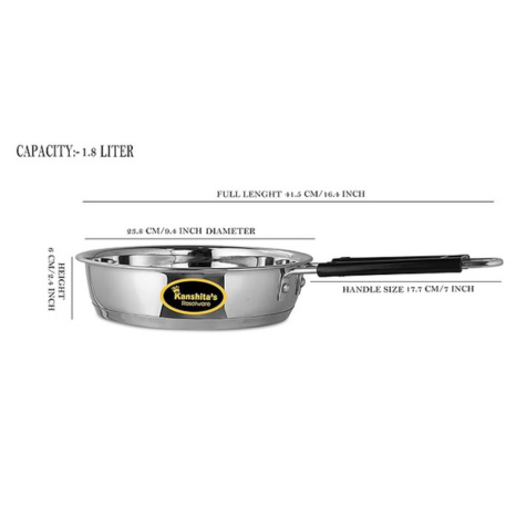 Kanshitas Rasoiware Heavy Geauge Stainless Steel Induction Bottom Fry Pan Tadka Pan with Steel Lid 1.8 Liter