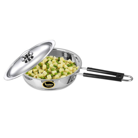 Kanshitas Rasoiware Heavy Geauge Stainless Steel Induction Bottom Fry Pan Tadka Pan with Steel Lid 1.8 Liter