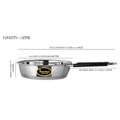 Kanshitas Rasoiware Heavy Geauge Stainless Steel Induction Bottom Fry Pan Tadka Pan with Steel Lid 1 Liter