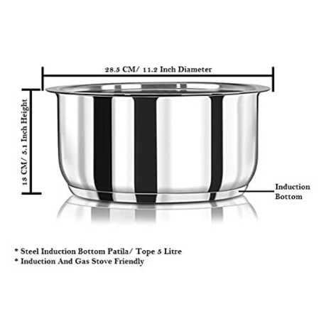 Kanshitas Rasoiware Stainless Steel Induction Bottom Patila Tope Pot Induction & Gas Stove 5 Liter