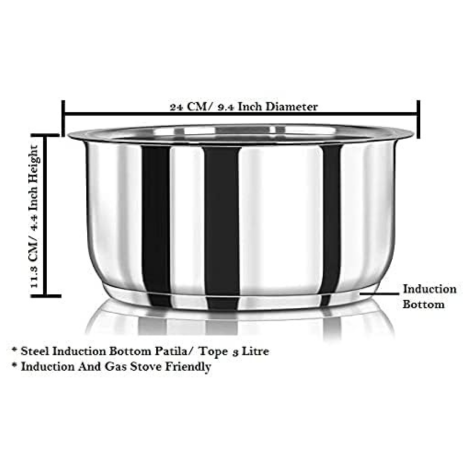 Kanshitas Rasoiware Stainless Steel Induction Bottom Friendly Patila Tope Pot with Lid 3 Liter