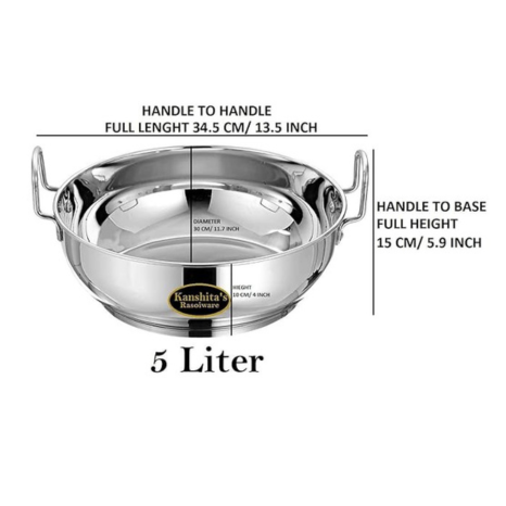 Kanshitas Rasoiware Heavy Gauge Stainless Steel Induction Bottom Gas Stove Friendly Kadhai with Lid 5 Litre