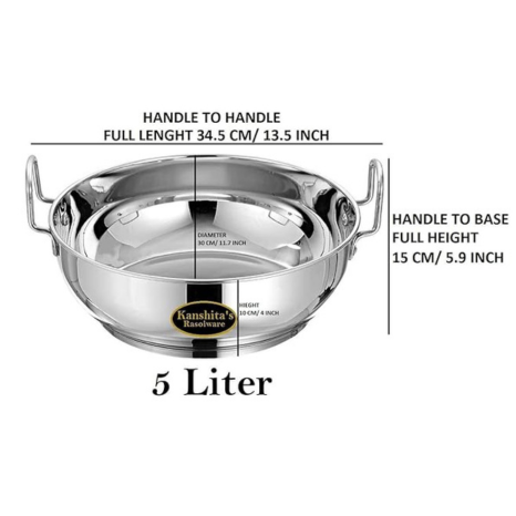Kanshitas Rasoiware Premium Stainless Steel Induction Base Heavy Gauge Kadhai 5 L Silver
