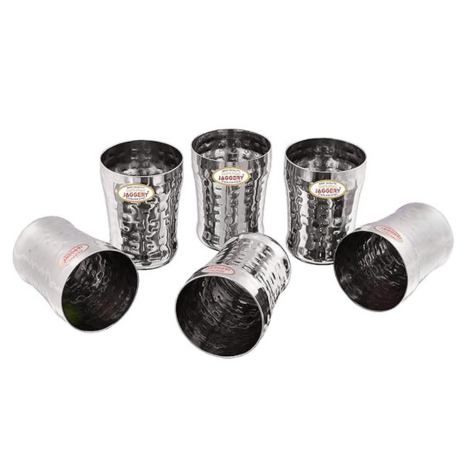 Jaggery Stainless Steel Drinking Serving Water Milk Juice Glass Glasses Set350 ml Hammered-eco Pack of 6