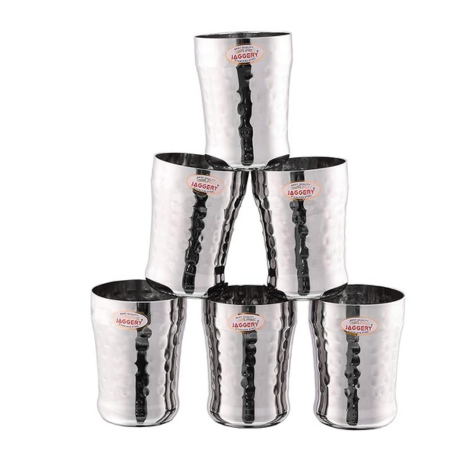 Jaggery Stainless Steel Drinking Serving Water Milk Juice Glass Glasses Set350 ml Hammered-eco Pack of 6