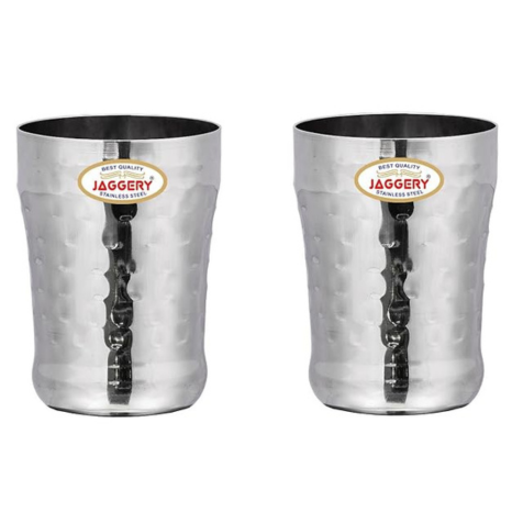 Jaggery Stainless Steel Drinking Serving Water Milk Juice Glass Glasses Set350 ml Hammered-eco Pack of 6