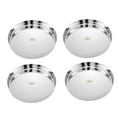 Jaggery Stainless Steel Heavy Gauge Dinner Plates Lunch Dinner Thali Plates Khumcha 12 Dia 26 cm Pack of 4