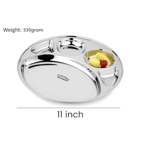 Jaggery Stainless Steel 5 in 1 Round Compartment Tray Deep katori Divided Dinner Plate 11 Inch Set of 2