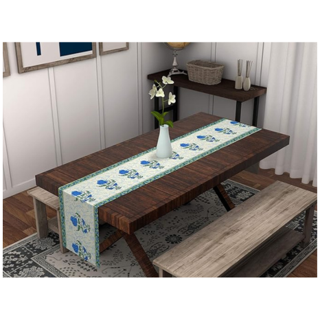 Blocks Of India Hand Block Printed Cotton Table Runner For Center Dining Table Blue Motifs Large