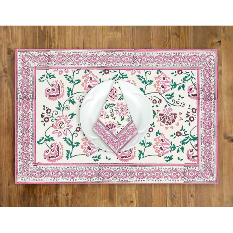 Blocks Of India Hand Block Printed Cotton Table Runner Mat And Napkin Pink Jaal Large