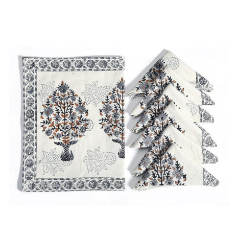 Blocks Of India Hand Block Printed Cotton Table Runner Mat and Napkin Set for Center Grey Buta