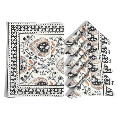 Blocks Of India Hand Block Printed Cotton Table Runner Mat And Napkin Brown Jaal Large