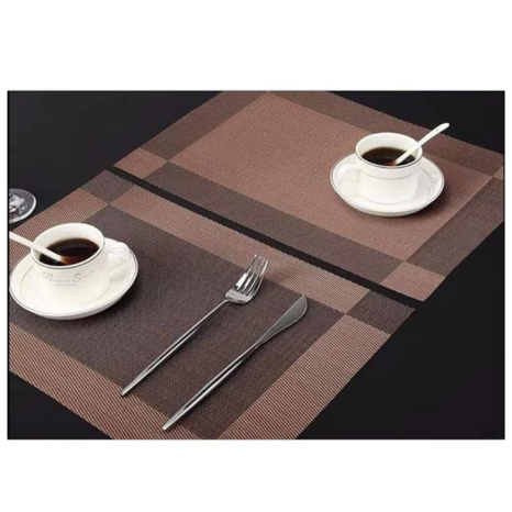 P-Plus International Washable Heat Resistant Dinner Table Mats Placement Set of 2 + 1 Runner Brown