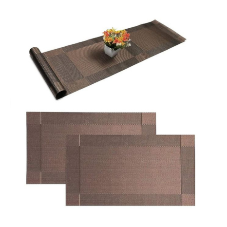 P-Plus International Washable Heat Resistant Dinner Table Mats Placement Set of 2 + 1 Runner Brown