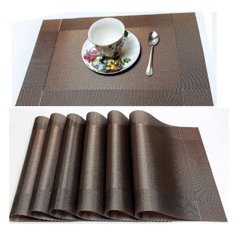 P-Plus International Placemats for Kitchen and Dining Table Set of 6 Woven Vinyl Kitchen (Brown)