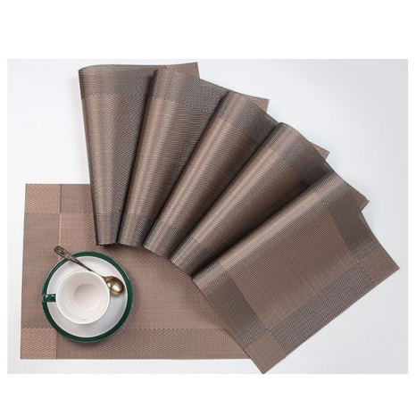 P-Plus International Placemats for Kitchen and Dining Table Set of 6 Woven Vinyl Kitchen (Brown)