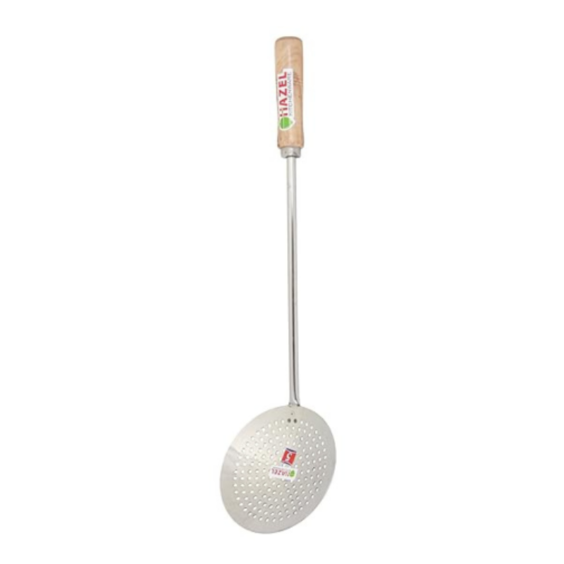 Hazel Steel Frying Jhara with Wooden Handle (46 cm) Silver