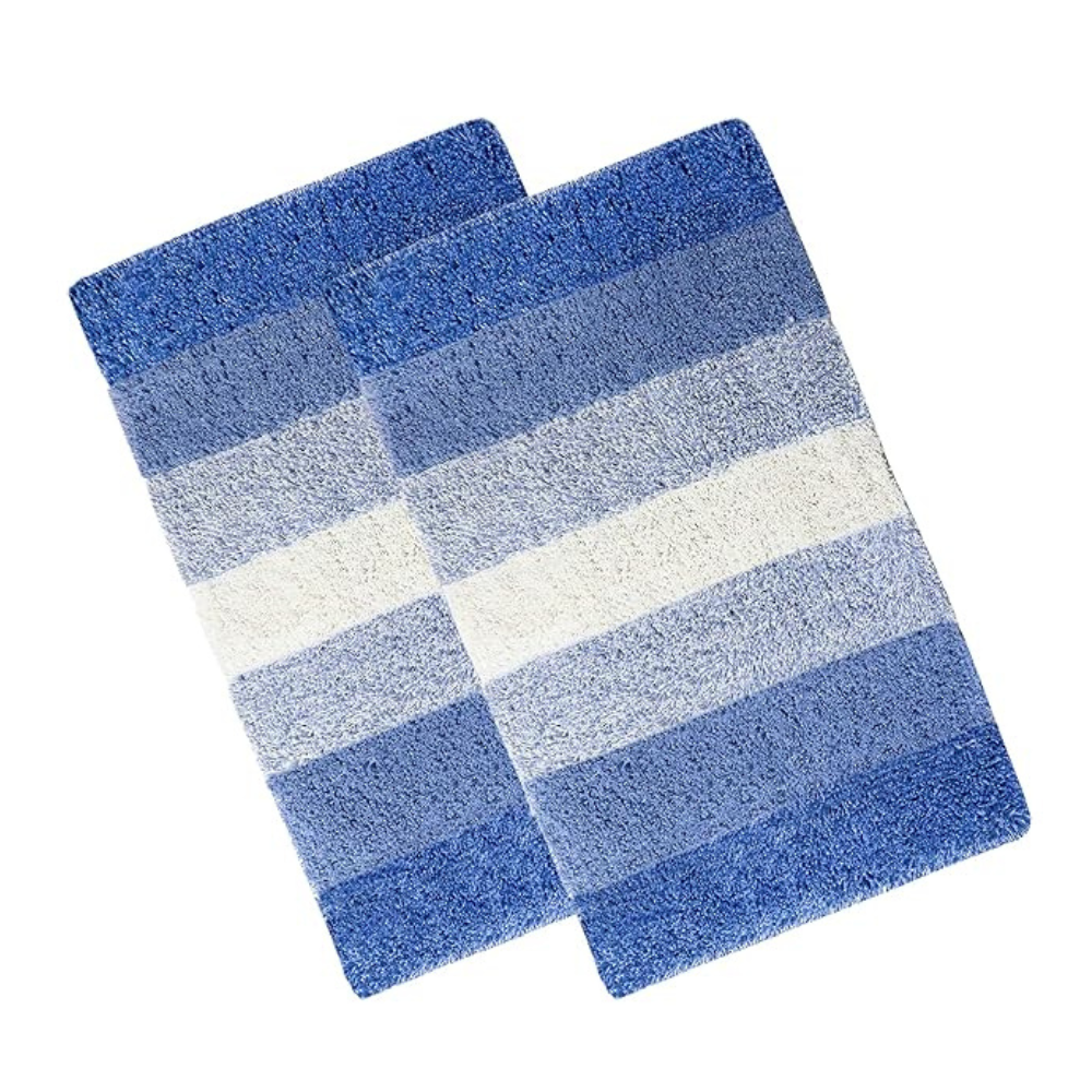 The Home Talk Cotton Stripes Bathmats Water Absorbent Runners Floor Mats Non-Slip Pack of 2 Beige Turquoise