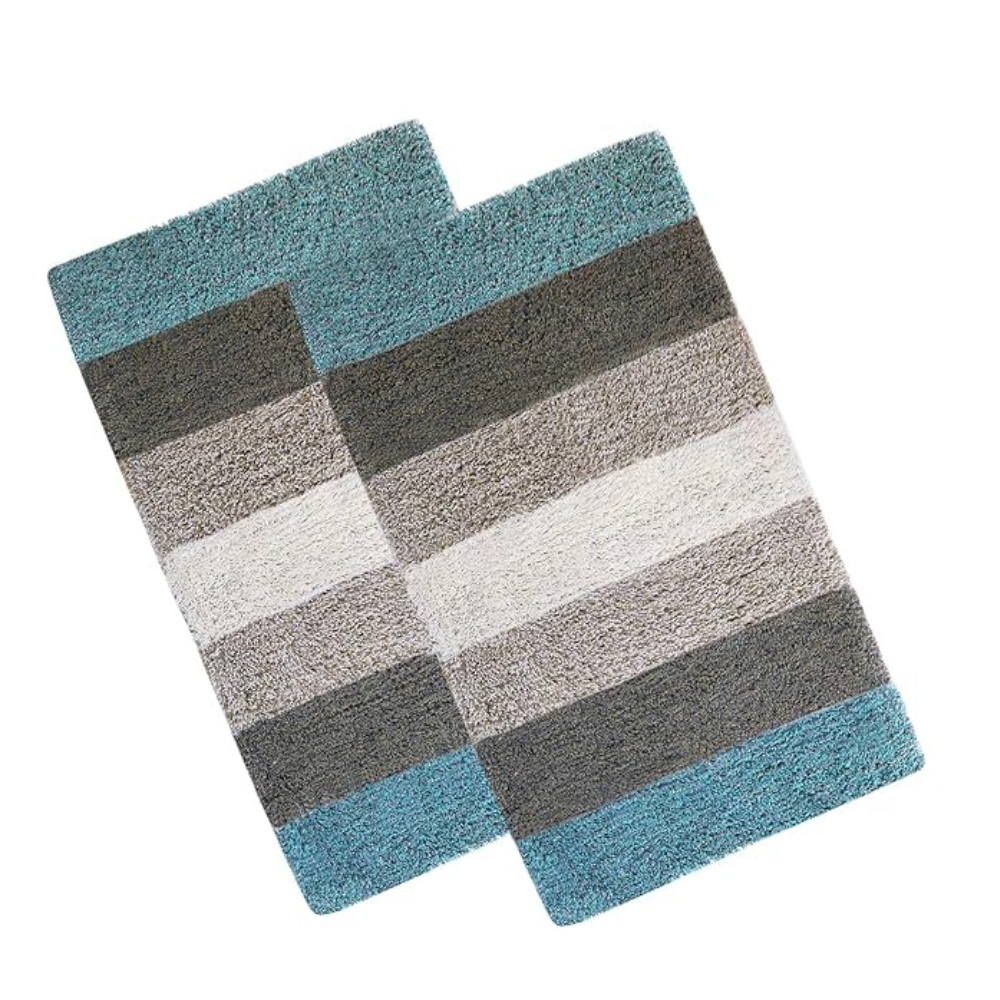 The Home Talk Cotton Stripes Bathmats Water Absorbent Runners Floor Mats Non-Slip Pack of 2 Beige Turquoise