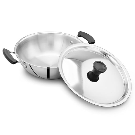 Potscape Essential Stainless Steel Kadai with Lid 22 cm Capacity 2 Ltr 22 Gauge