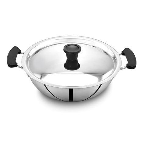 Potscape Essential Stainless Steel Kadai with Lid 24 cm Capacity 2.5 Ltr 22 Gauge