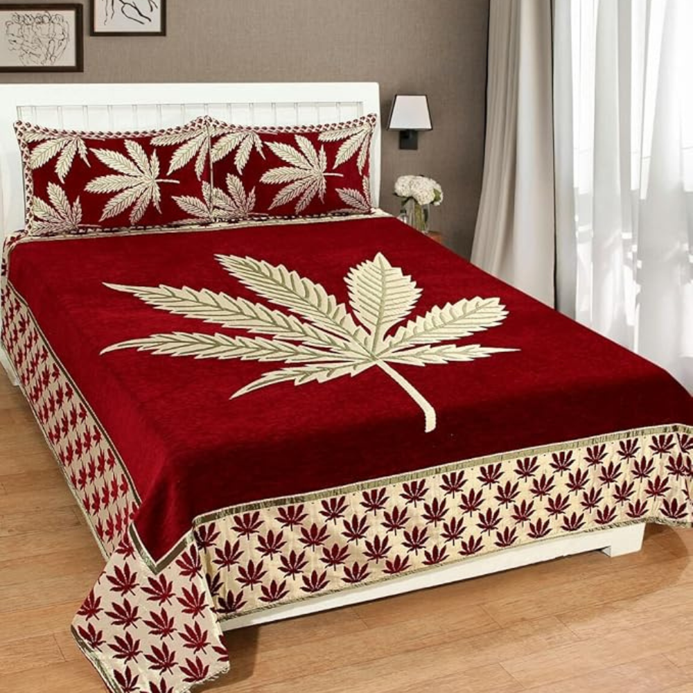 Fresh From Loom Floral Chenille Velvet 500 TC Bed Cover 1 Double Bed King Size Bedsheet with 2 Pillow Cover Size Autumn Maroon
