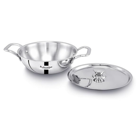 Potscape Triply Kadai with Lid, 28 cm Capacity 4.2 LtrLess Food Burns