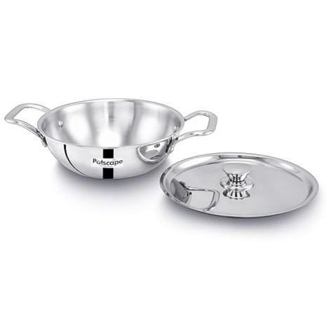 Potscape Triply Kadai with Lid 26 cm Capacity 3.2 Ltr Less Food Burns