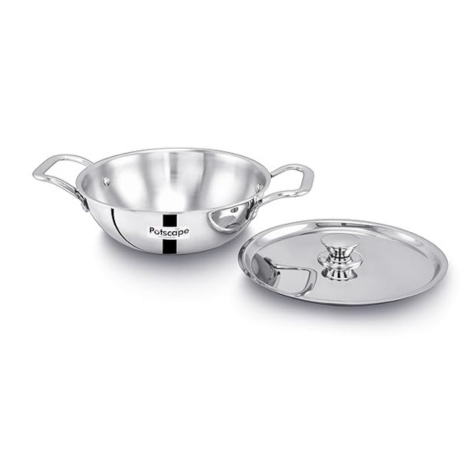 Potscape Triply Kadai with Lid, 24 cm Capacity 2.7 Ltr Less Food Burns