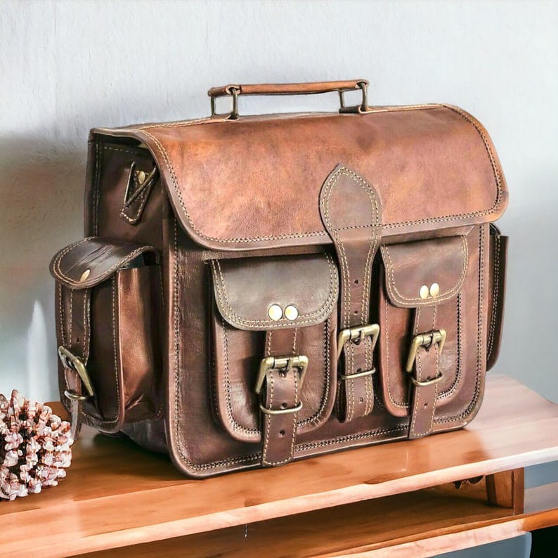 Craftshades – 11*15 Inch Double Pocket Handcrafted Vintage Messenger Goat Leather Bag For Men | 100% Genuine Leather