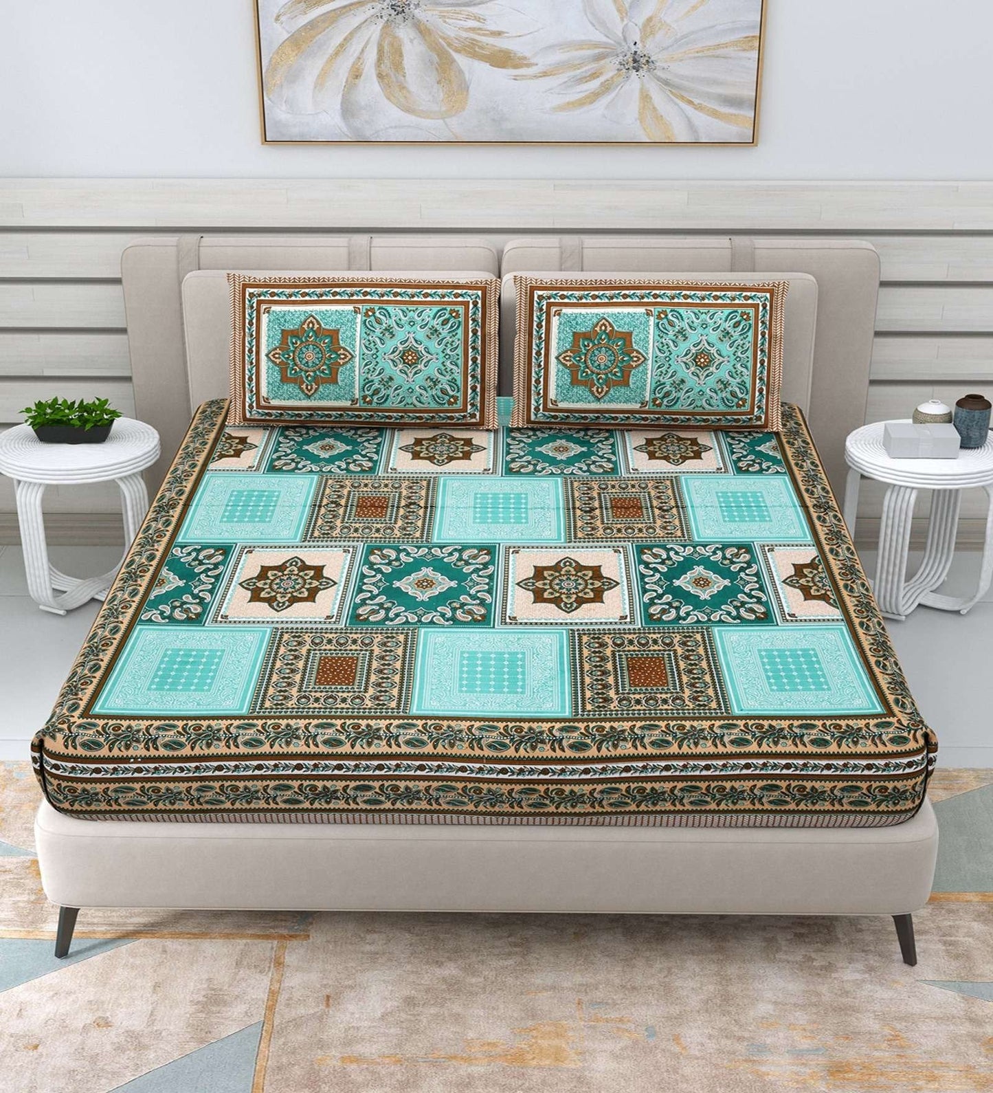 100% Pure Cotton Traditional Printed Bedsheet for Double Bed King Size Bedsheet with 2 Pillow Covers